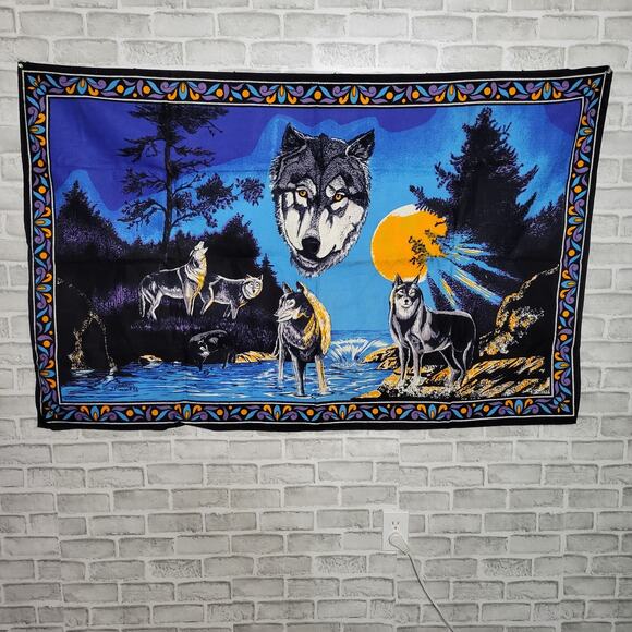 Vintage 90s Rad Wolf Wall Hanging Tapestry by Havati, size 34x54 - Picture 1 of 5